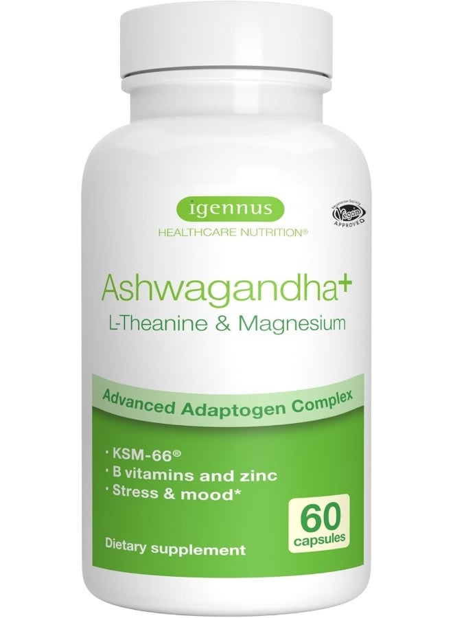 Igennus Advanced Ashwagandha KSM-66, L-Theanine & Magnesium, Clean Label, Multi Action Adaptogen Complex for Stress Support with Zinc & B Vitamins, 60 Vegan Capsules - Image 1
